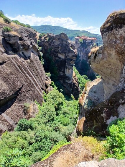 A canyon with rocky formations and dense greenery. 3