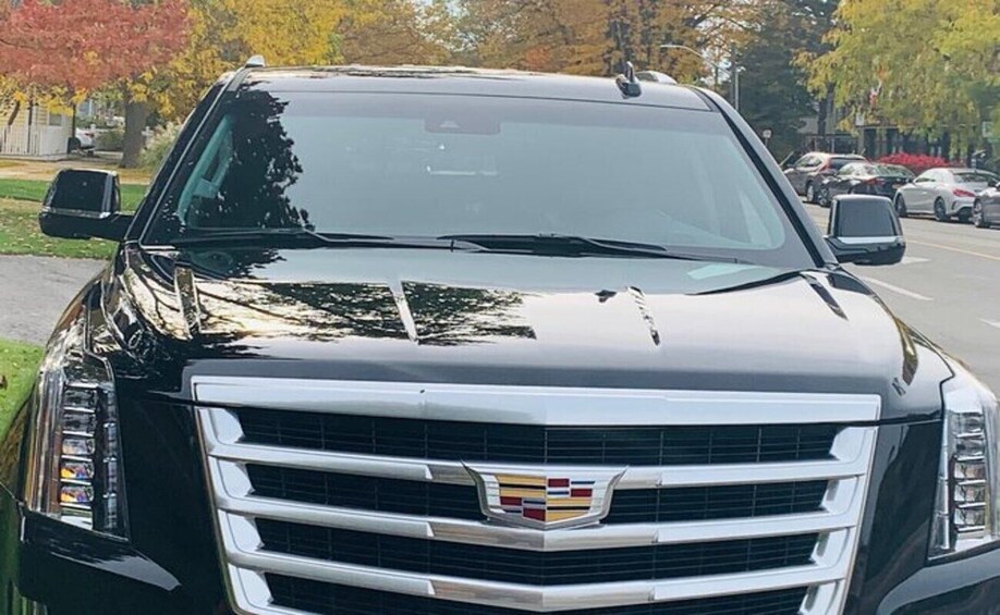 A black Cadillac SUV parked on a street with autumn trees in the background. 1