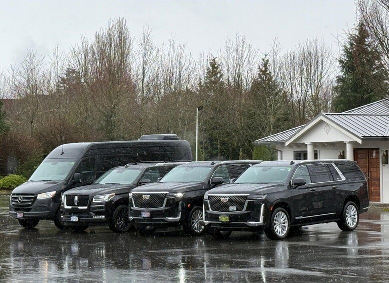 Four black SUVs parked in a row on a wet surface with a building and trees in the background. 3