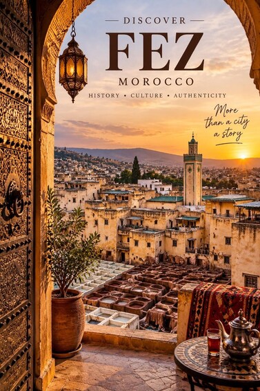 A Moroccan cityscape with a sunset, traditional architecture, and a tea set on a table. 1