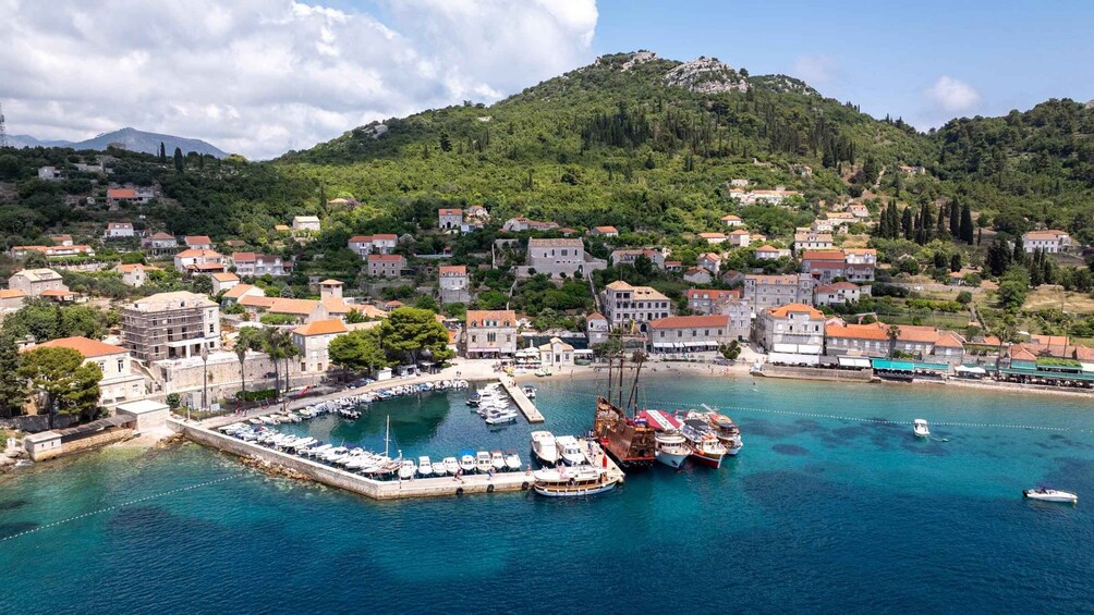 A coastal town with a marina, boats, and buildings on a hillside. 4