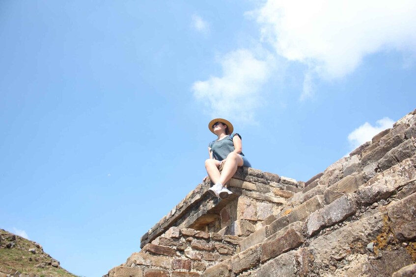 A person sitting on a rocky outcrop with a clear sky in the background. 4