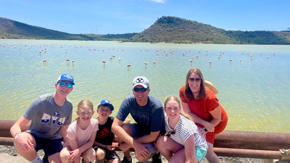 A family by a lake with flamingos. 5