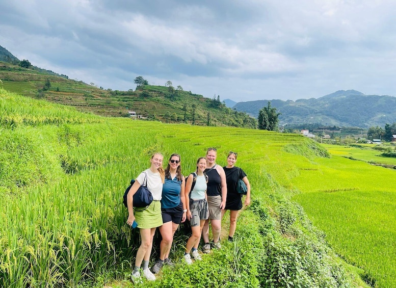 A group of people standing in a lush green rice field with terraced hills in the background. 5