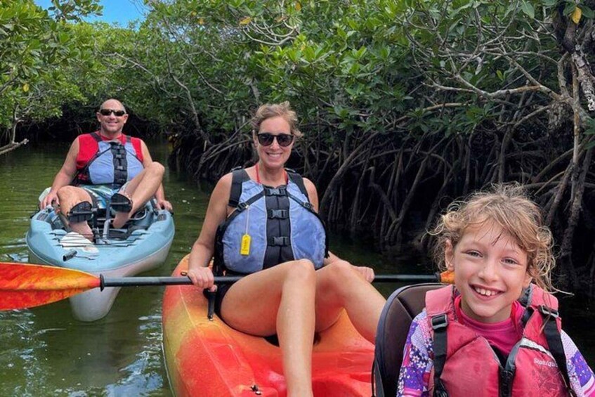 Three people kayaking in a mangrove area. 4