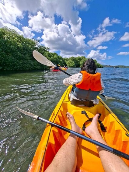 A person kayaking on a river with another kayak in the background. 3