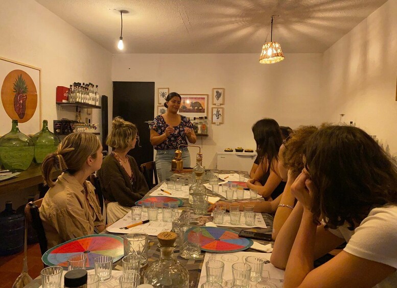 A group of people seated around a table with various items, including glasses and a pie chart, in a room with a ceiling light and artwork on the walls. 4