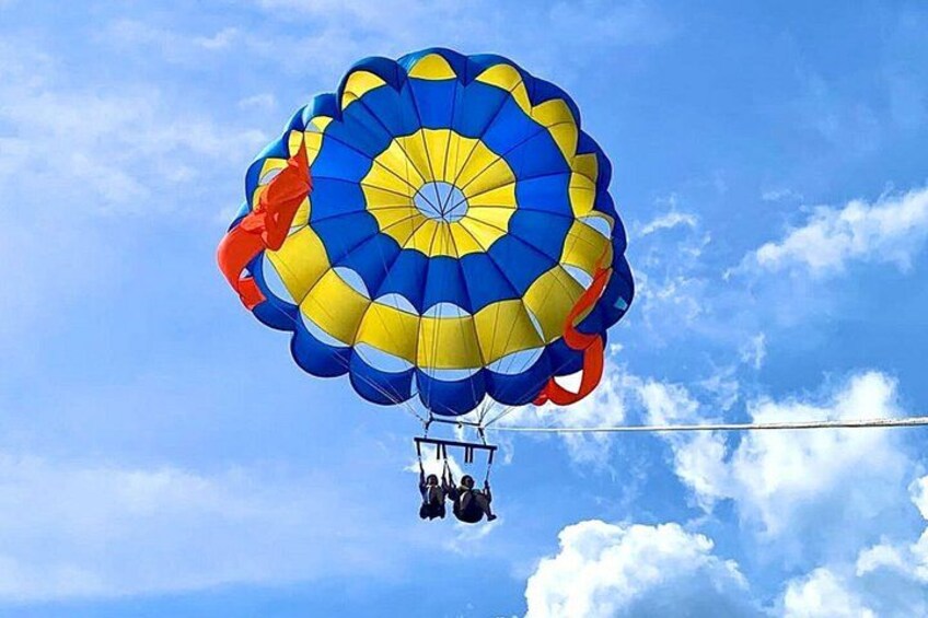 A parachute with a blue and yellow pattern, a person in a harness, and a clear sky with clouds. 4