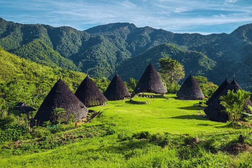 Thatched-roof huts in a lush green valley with mountains in the background. 1