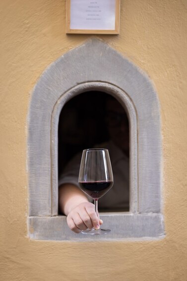 A person holding a wine glass through a window with a stone arch. 1