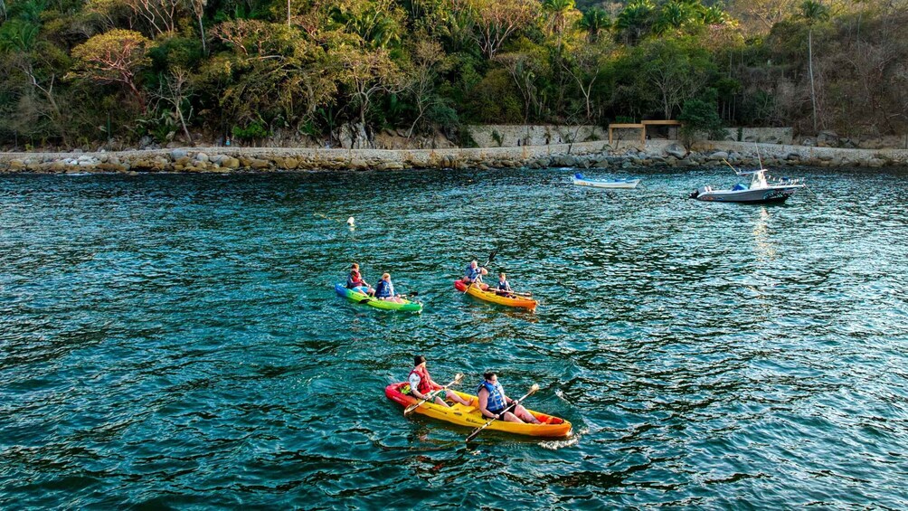 People kayaking on a calm river surrounded by trees and rocks. 1