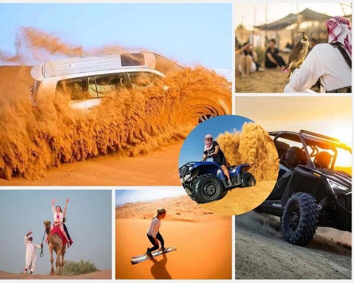A desert landscape with a vehicle driving through sand, a person riding a camel, and a person on a dune buggy. 1