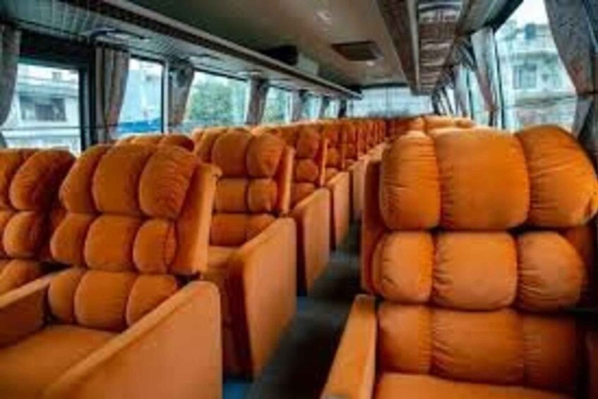 A train interior with rows of orange upholstered seats. 2