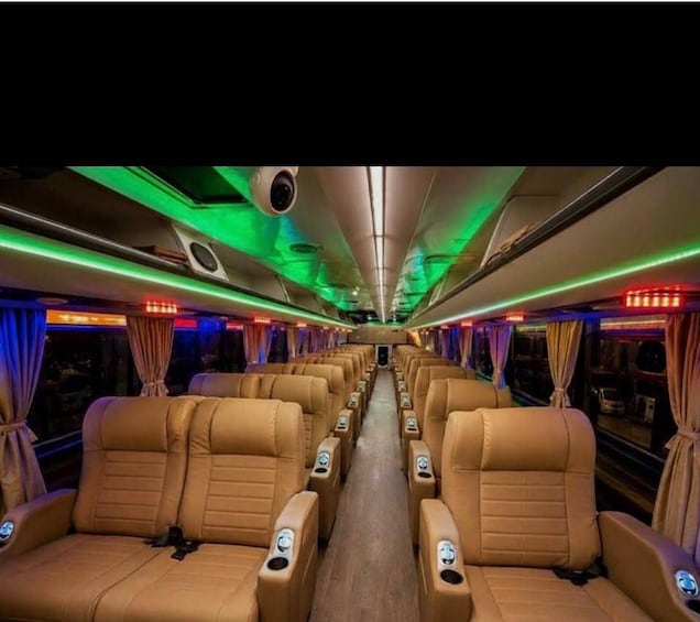 A train interior with leather seats, green and red lighting, and curtains. 1
