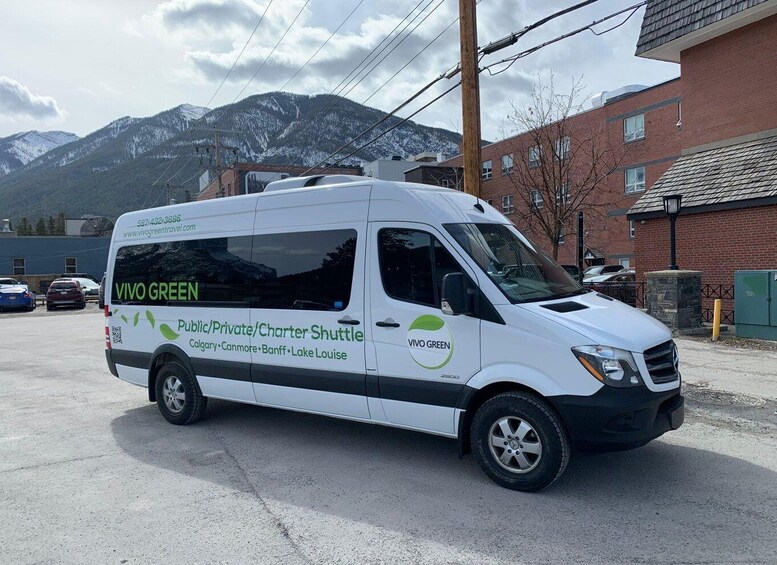 A white shuttle van with 'Vivo Green' branding parked in a lot. 4