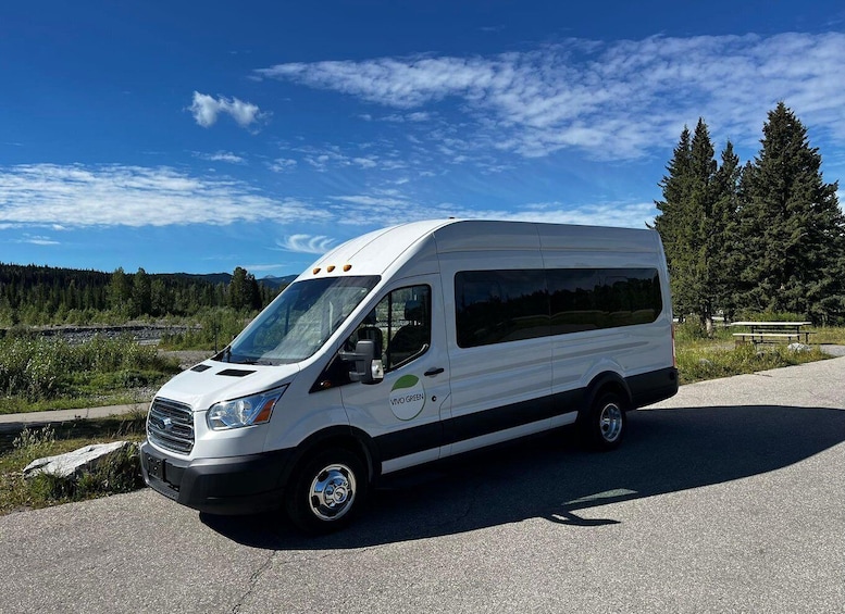 A white van with 'VIVO GREEN' on the side parked on a road with a scenic view of trees and mountains in the background. 5