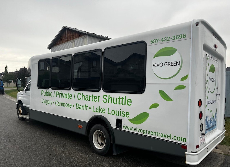 A white charter shuttle with 'Vivo Green' branding and contact information. 3