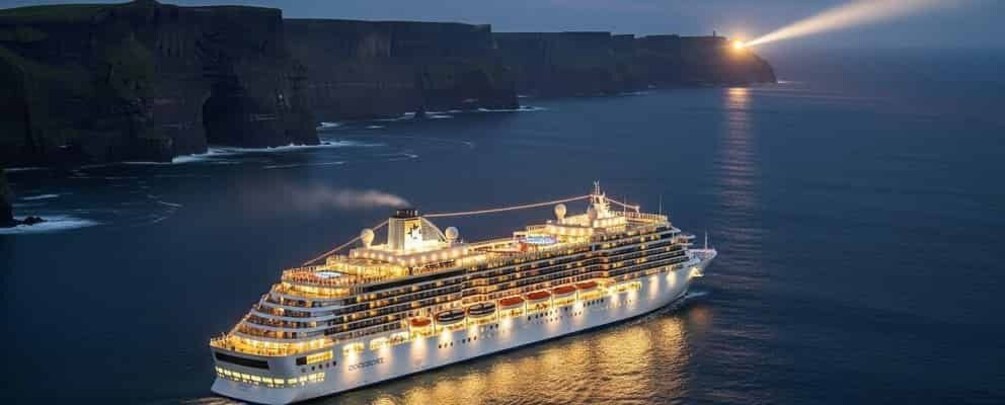 A large cruise ship sailing near a coastline with cliffs. 3