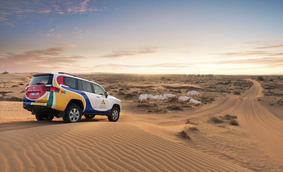 A Land Cruiser driving on a sandy road in a desert landscape with dunes and a clear sky. 3