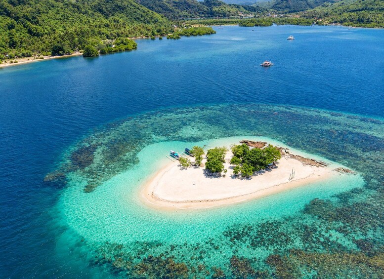 A tropical island surrounded by clear blue waters, with a small beach and lush greenery. 2