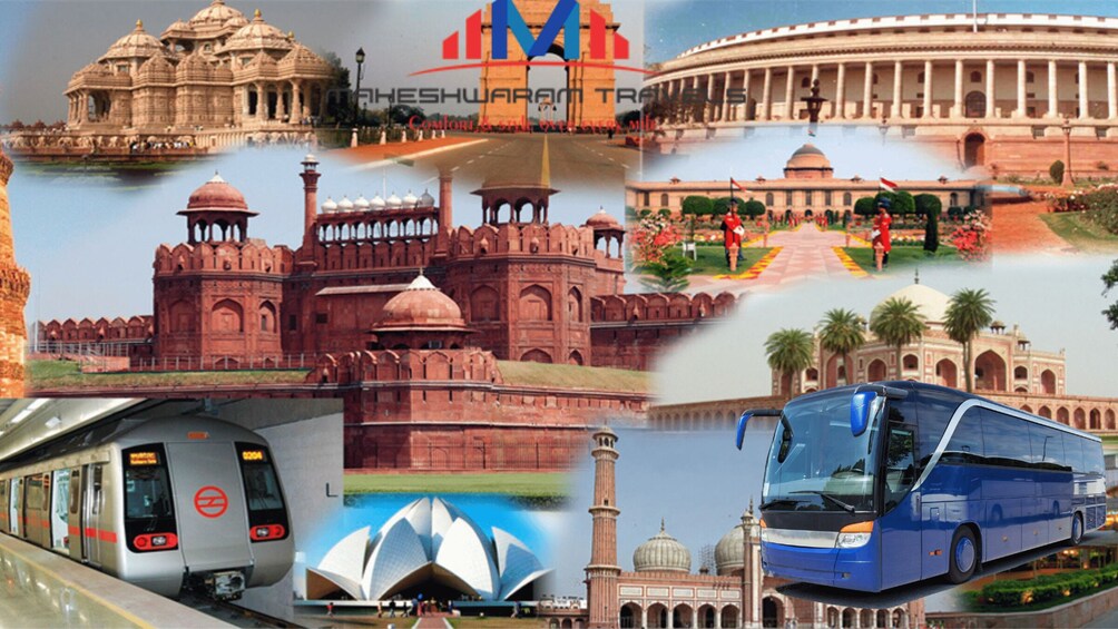 A collage of Indian landmarks including the Taj Mahal, a train, a bus, and the Lotus Temple. 1