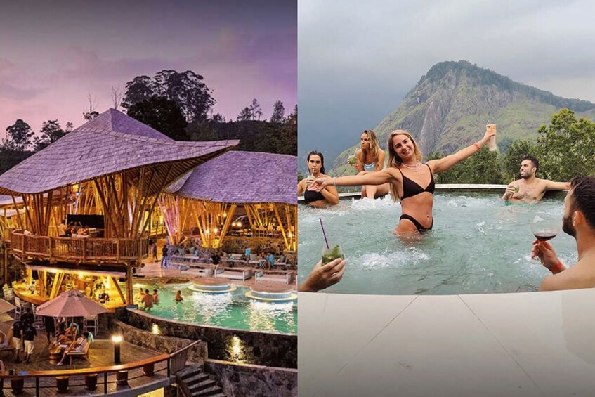 A wooden lodge with a pool and a mountain backdrop. 1