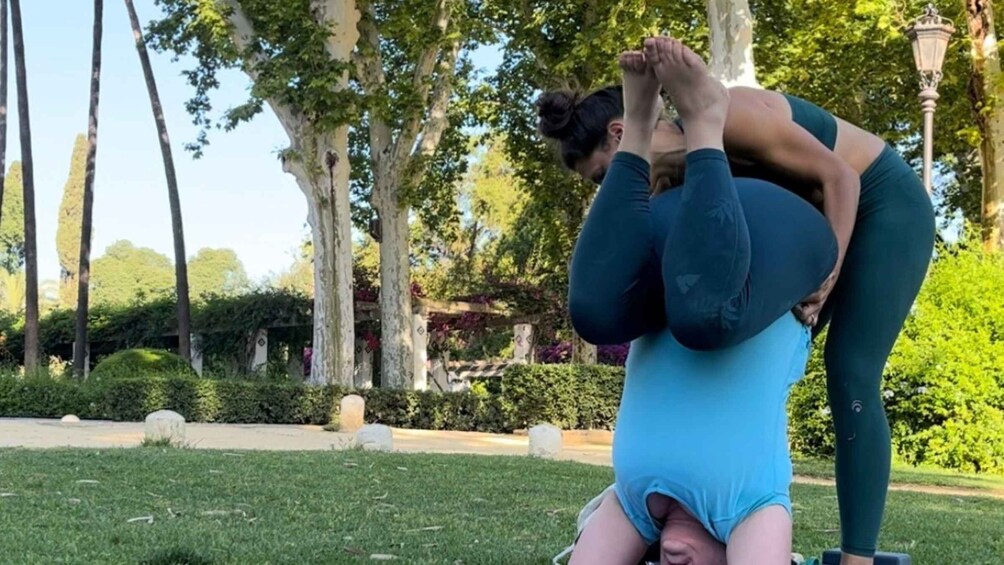 Two people practicing yoga in a park with trees and a lamp post. 5