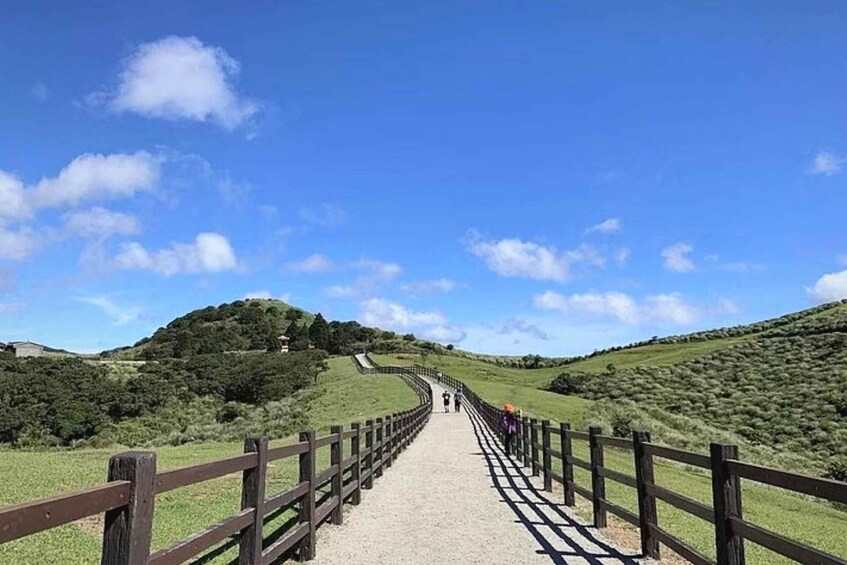 A gravel path with wooden railings, flanked by green hills and a clear blue sky. 1