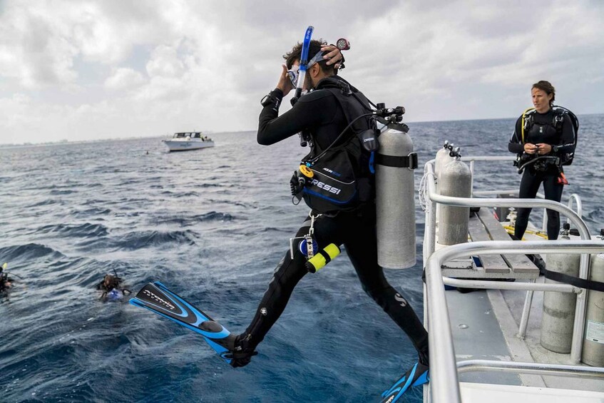 A diver in a wetsuit with fins and a breathing apparatus on a boat, preparing to enter the water. 4