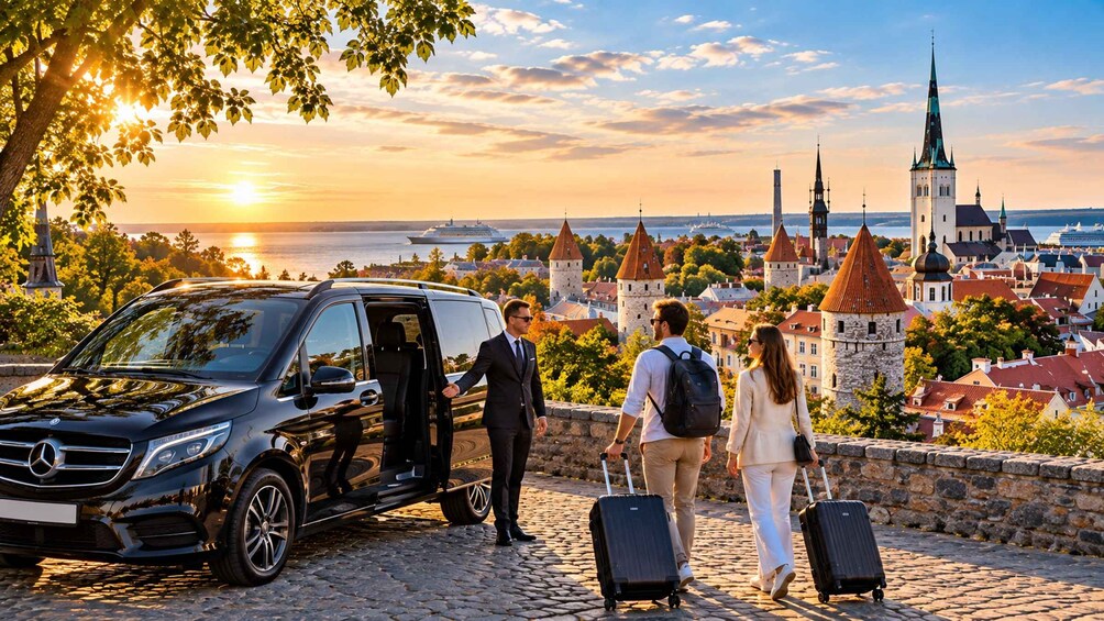 A black Mercedes-Benz SUV parked on cobblestone, with a cityscape and a river in the background. 1