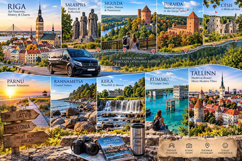 A travel guide highlighting various destinations in Latvia and Estonia with scenic views and historical landmarks. 2