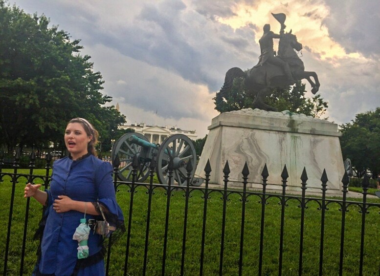A statue of a mounted figure with cannons in the background. 2