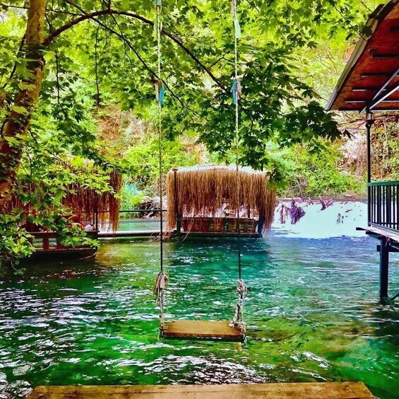 A tranquil outdoor setting with a swing over a clear water body, surrounded by lush greenery and a rustic wooden structure. 4