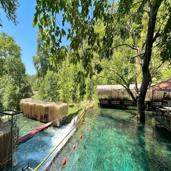 A clear water stream with a wooden bridge, surrounded by trees and thatched-roof huts. 1