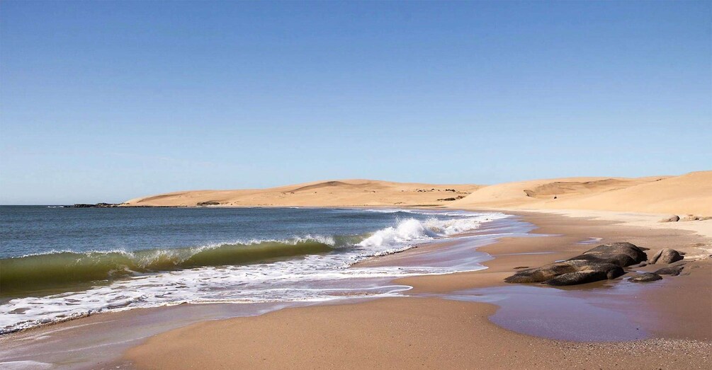 A beach with waves, sand dunes, and a clear sky. 3