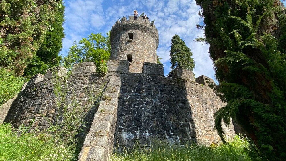A stone castle with a round tower surrounded by lush greenery. 3