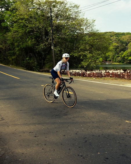 A person riding a bicycle on a road with trees and a body of water in the background. 3