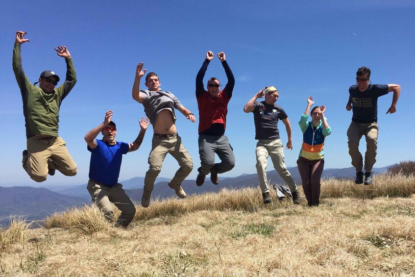 A group of people jumping in a grassy field with mountains in the background. 3