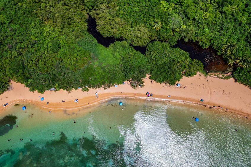 An aerial view of a beach with clear turquoise water, surrounded by dense green forest. 1