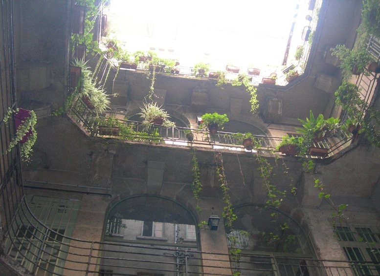 A courtyard with hanging plants and a view of a building with arched windows. 2