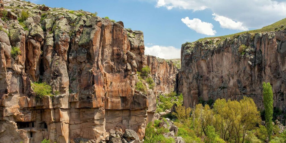 A rugged canyon with steep rock faces and sparse vegetation. 3