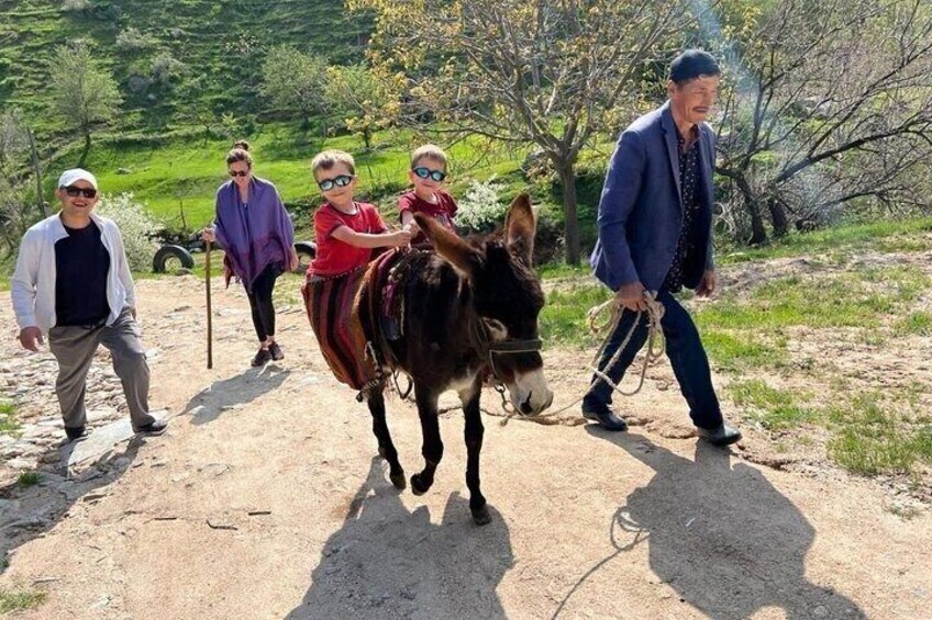 A group of people walking a donkey on a dirt path with trees and greenery in the background. 5