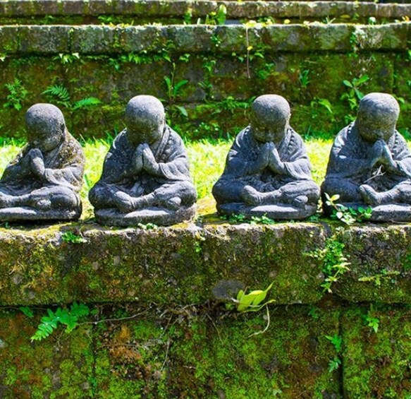 Four stone Buddha statues in a meditative pose on a moss-covered stone wall. 5