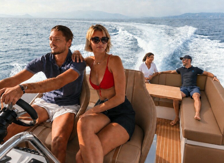 A boat with people on deck, a wake behind it, and a mountainous landscape in the distance. 2