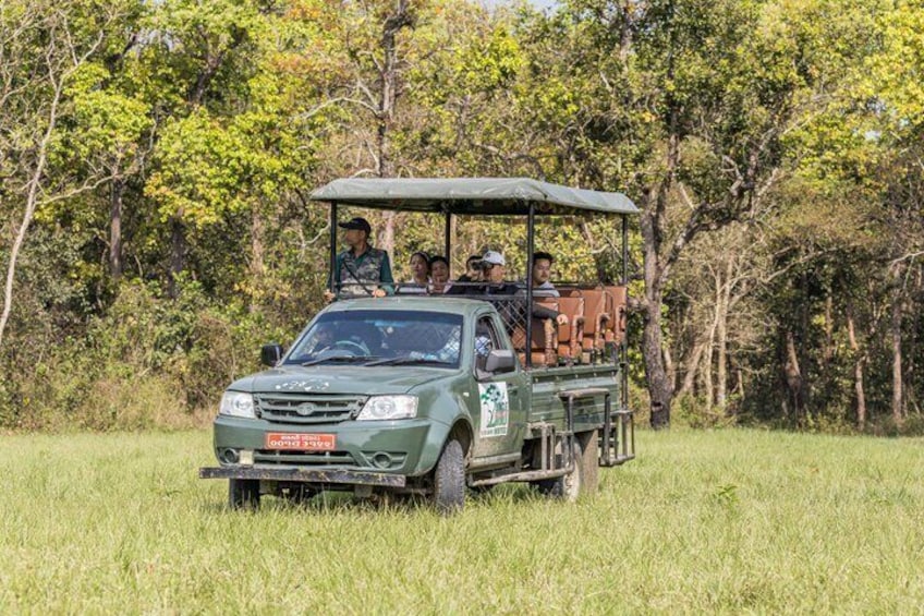 A green safari vehicle with passengers, driving through a grassy field with trees in the background. 5