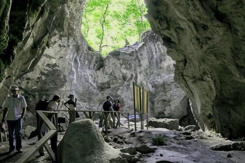 Entrada a una cueva con visitantes, una barandilla de madera y una gran formación rocosa. 1