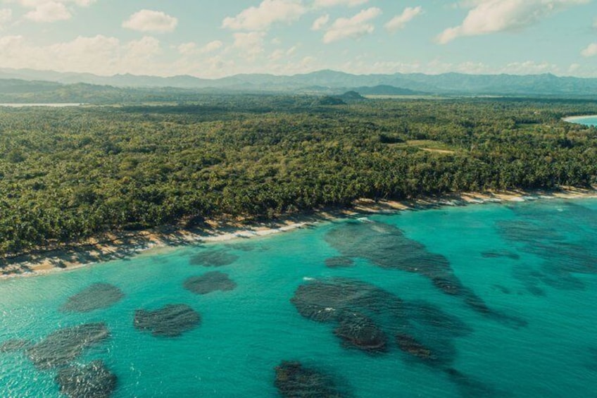 Vista aérea de una zona costera con bosque denso, aguas turquesas cristalinas y formaciones coralinas visibles. 5