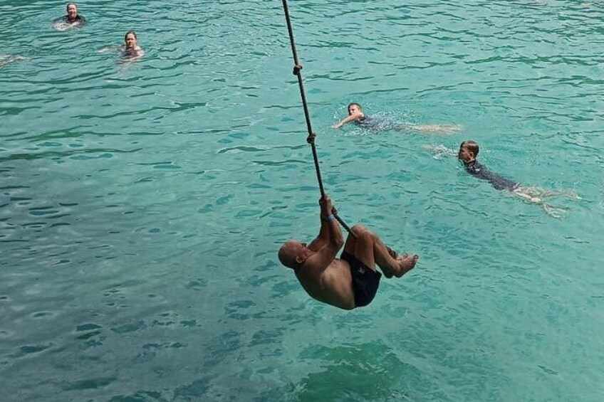 Gravity? Never heard of it. Taking the plunge at the Blue Lagoon. 3