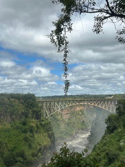 A bridge spanning a river with a mountainous landscape and dense foliage in the foreground. 3