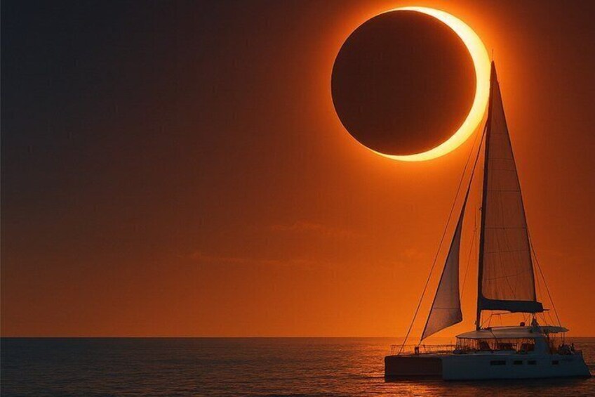Een zeilboot op het water, met een grote zon die gedeeltelijk achter de horizon verdwijnt. 1